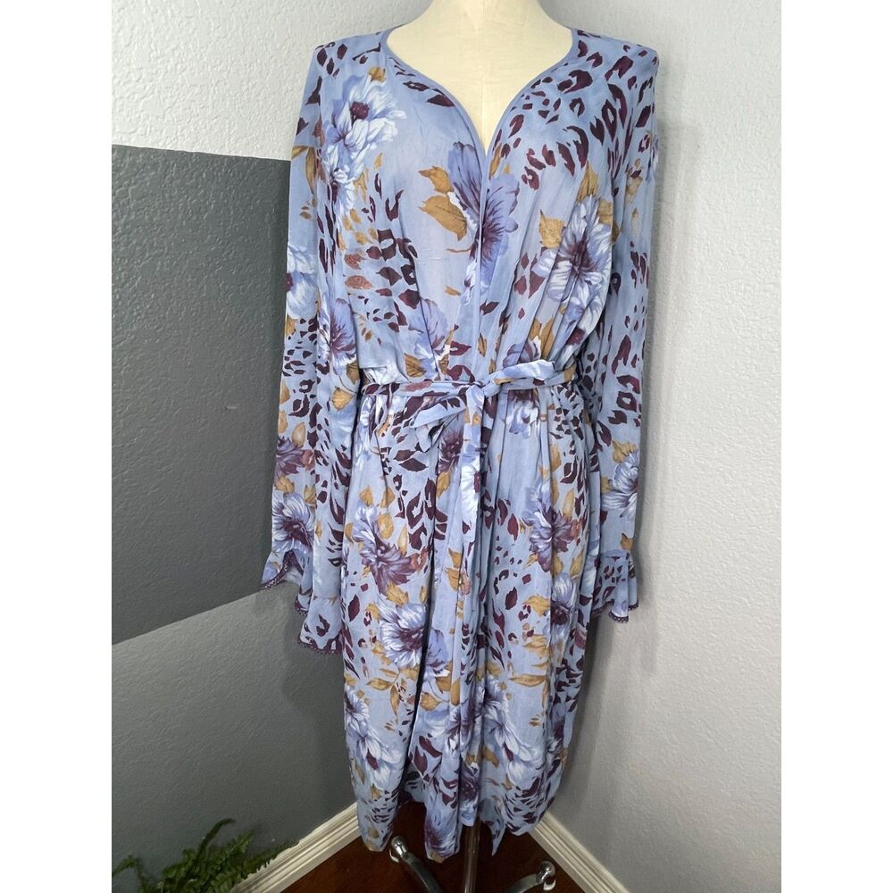 Sensara 1X Blue Purple Floral Leopard Nightgown & Robe Set 2 PC Sleepwear Lounge - Picture 4 of 13